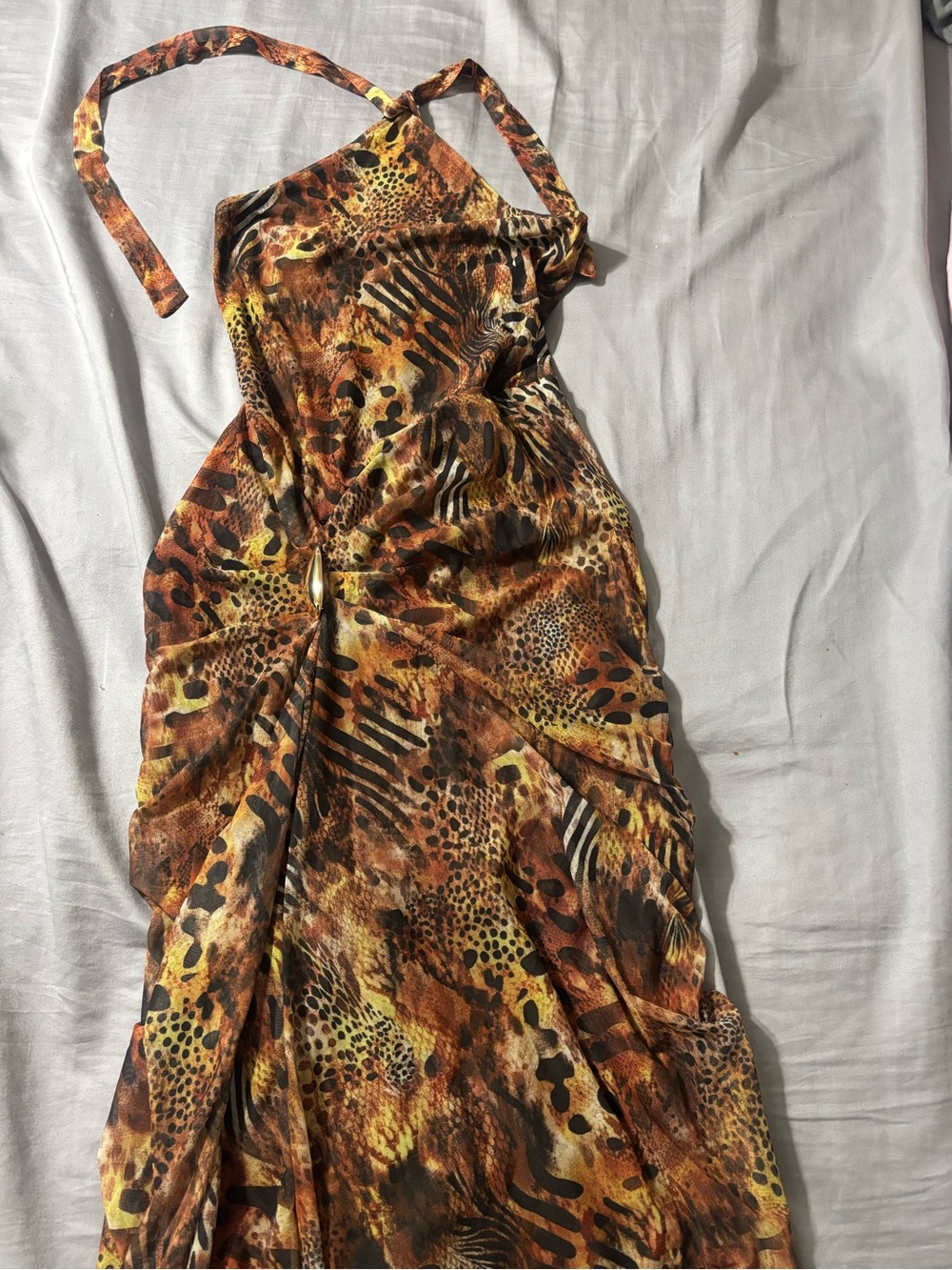 Animal Print Halter Long Dress - Brown/Gold